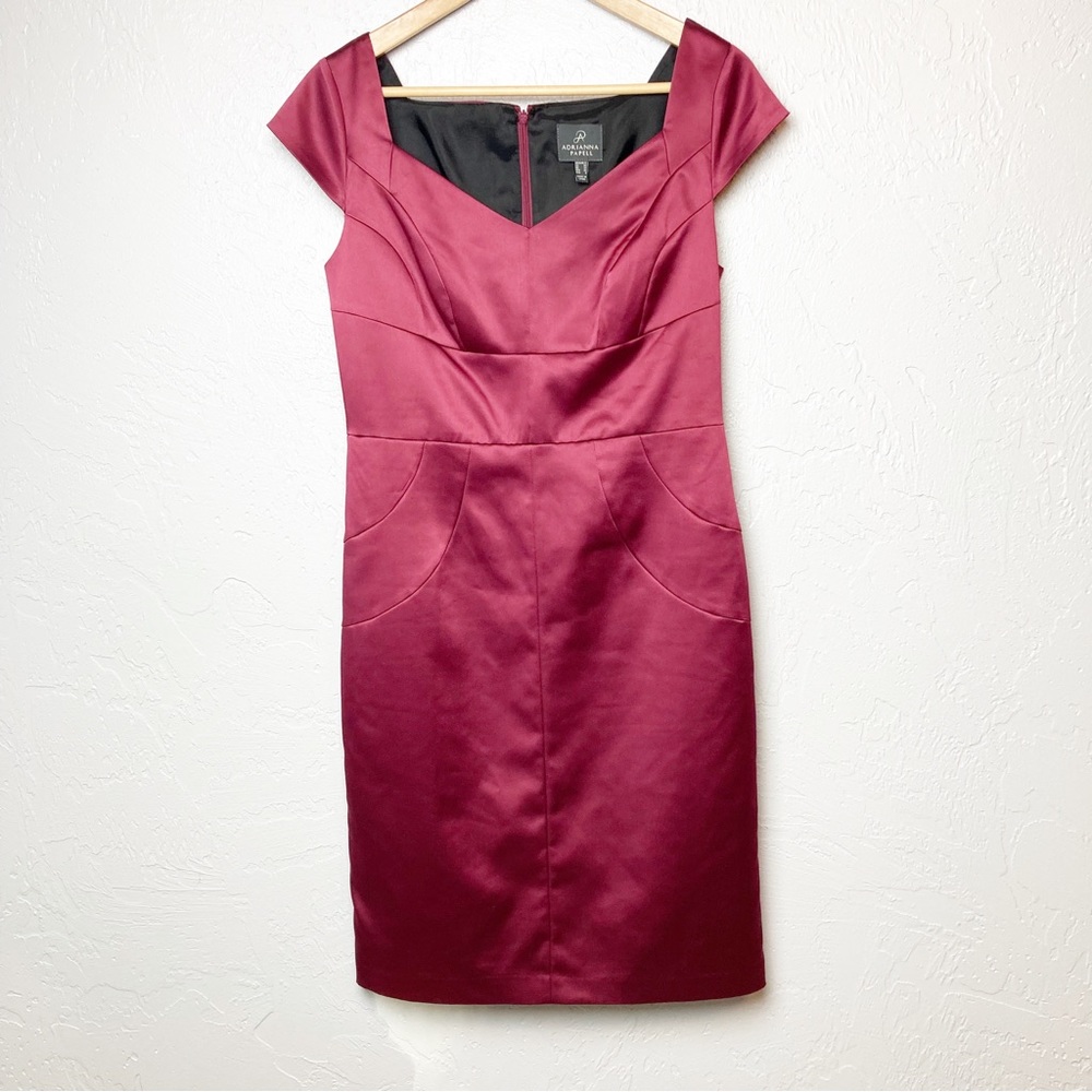 ADRIANNA PAPELL Cap Sleeve Ottoman Sheath Dress Garnet Size 6 Stretch Satin
